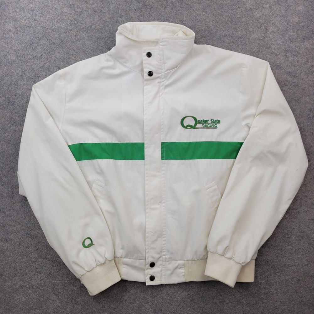 Vintage King Sports Jacket Mens‎ Large White Quaker State Racing Full Zip Bomber